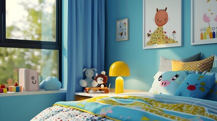 A bedroom with a blue wall and yellow accents
