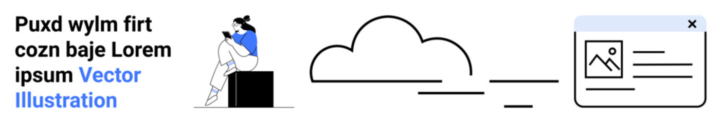 Woman sitting and reading on a mobile device, cloud storage symbol, image and document outline. Ideal for cloud computing, digital storage, online communication, data management, IT services, tech