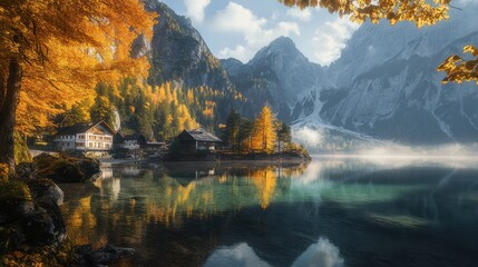 Alpine Lake Serenity: Autumn's Golden Embrace in the Mountains