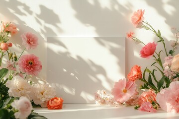 Soft Spring Floral Arrangement with Blank Display Surface Surrounded by Vibrant Blossoms and Gentle Lighting