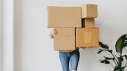 Person carrying a big stack of cardboard boxes on white background, showing the individual's effort and the load of boxes. The boxes' shape and the person's posture create a vivid scene of transportat