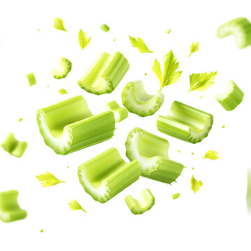 Vibrant Green Celery Stalks Exploding on Transparent Background
