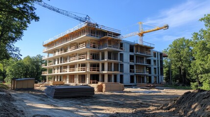 New residential building under construction with cranes