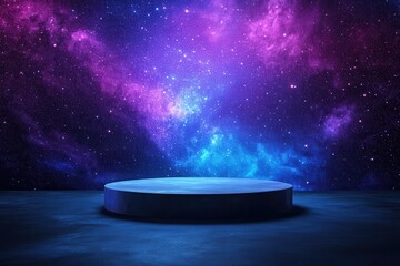 Clean Circular Podium Against Starry Space Background in Vibrant Purple and Blue Hues