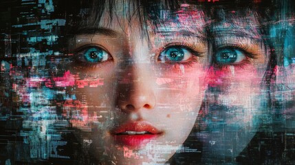 Digital portrait of a woman with colorful glowing light reflections on her face