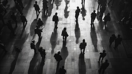 Silhouettes of people walking in a dimly lit area