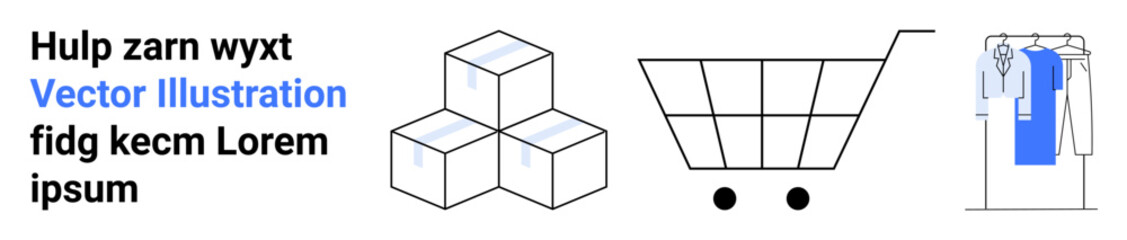 Words next to stack of packages, shopping cart, clothing rack with garments. Ideal for e-commerce, retail, logistics, supply chain management, shopping fashion online marketing. Landing page