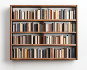 A neatly arranged wooden bookshelf filled with various books.