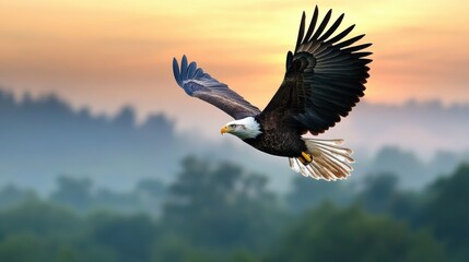 Majestic bald eagle soaring over lush mountains at sunrise nature photography tranquil wilderness scenic viewpoint