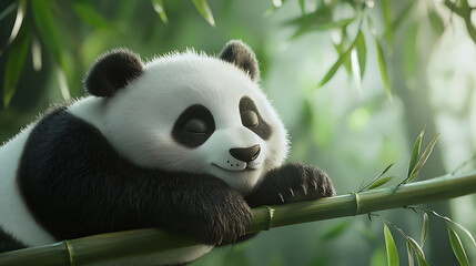 Obraz premium A panda bear is sleeping on a bamboo branch