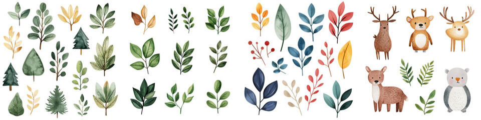 collection of colorful leaves and cute woodland animals in minimalist style, isolated on transparent background.