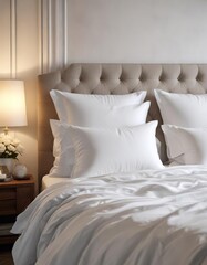White designer pillows neatly arranged on a chic bed in a boutique hotel room, exclusive, boutique decor, high-end, sophisticated, upscale