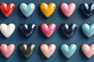 Fototapeta premium Colorful heart shaped decorations arranged in grid pattern