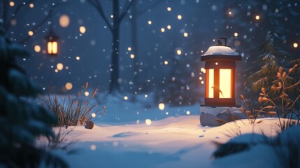 Obraz premium serene winter night with glowing lantern and falling snow