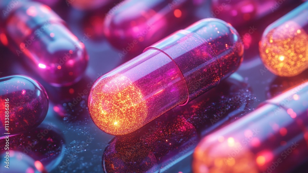 Poster close-up of translucent capsules with glowing contents.