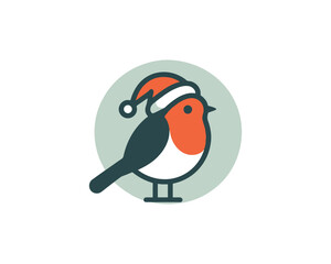 Christmas Robin Bird Santa Claus Cap Logo Design Icon Vector Illustration. 
