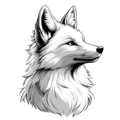 Naklejka premium Monochrome illustration of a fox head in profile view, showcasing its fur texture and details.