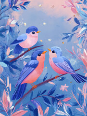 Obraz premium Charming New Year Illustrations with family of birds singing: Cute Holiday Designs for Cards, Wallpapers, T-Shirts, Posters & Decor