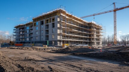 Concrete building under construction with cranes on site