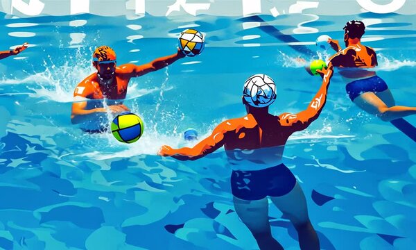 Two players engaging in a water polo match, showcasing dynamic movement in the pool.