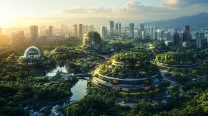 Naklejka premium Urban skyline and park with a lake at sunset