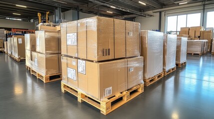 Industrial warehouse interior with stacks of wooden pallets