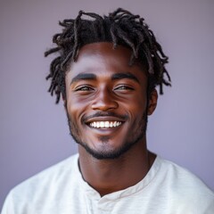 Obraz premium A man with a beard is smiling and wearing a t-shirt