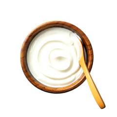 Rustic Wooden Bowl with Swirled Yogurt on Transparent Background

