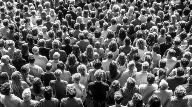 Black and white photograph of a crowded public gathering