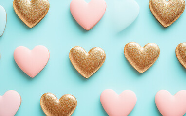 Obraz premium Heart shaped textures in pink and gold on blue background evoke joy