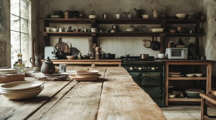 Rustic Kitchen Interior with Wooden Table and Vintage Utensils