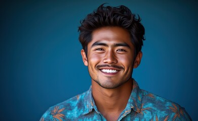 A young man with casual t-shirt is smiling at the camera, solid color background