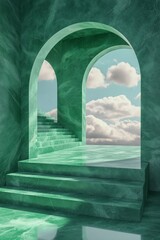 Green Marble Archway and Staircase with Cloudy Sky Background