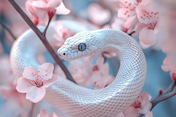 Fototapeta premium White Snake Among Pink Cherry Blossoms