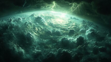 Obraz premium Stormy alien planet with swirling clouds and lightning.