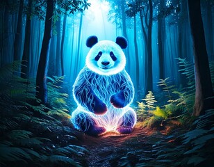  Glowing Transparent Panda in a Mystical Night Forest, Generated image