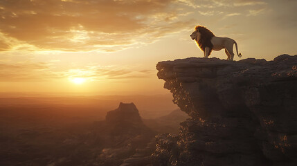 A lion stands on a rocky cliff overlooking a vast desert