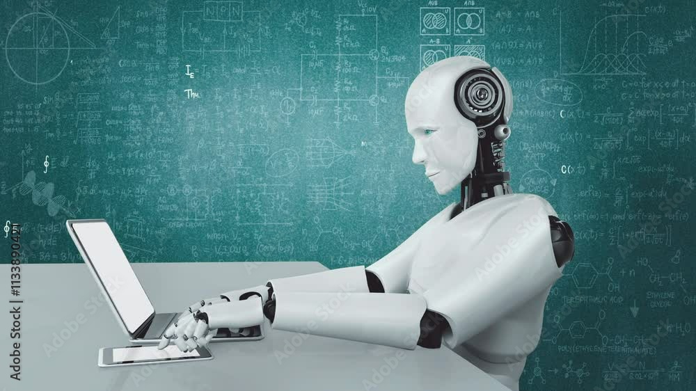 Poster robot hominoid use laptop and sit at table for engineering science studying using ai thinking brain 