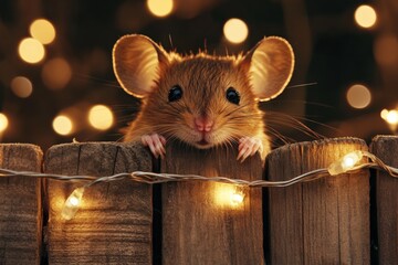 cute mouse peeking over a wooden fence with fairy lights