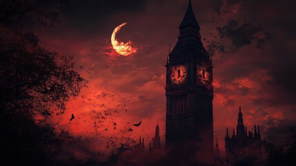 Crimson Moon over London Big Ben Bats Fly