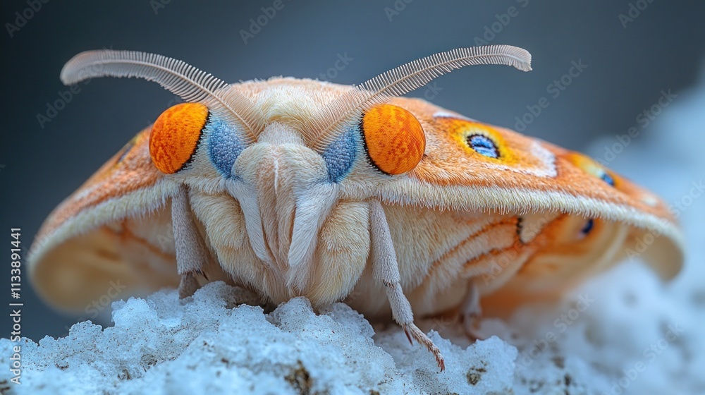 Poster a close-up of a colorful moth displaying intricate patterns and textures.