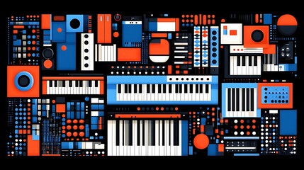 Abstract Synthwave Music Equipment Collage Design