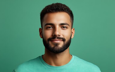 Fototapeta premium man with casual t-shirt is smiling at the camera, solid color background