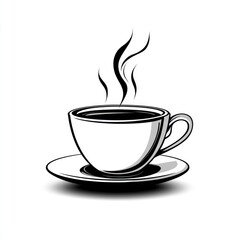 Obraz premium Hot coffee cup on saucer, steaming, monochrome illustration.