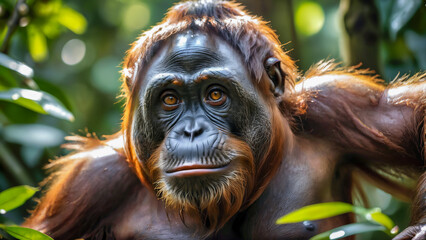Obraz premium Friendly Orangutan in Rainforest with Expressive Eyes