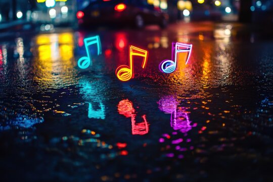 Glowing neon musical notes reflected in rain puddle at night, neon city lights, high contrast reflections, with copy space