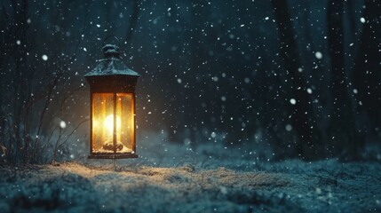 a warm lantern glowing in a snowy forest
