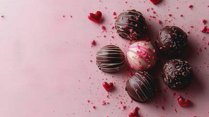 Valentines Day Concept: Delicious Chocolate Truffles with Pink Sprinkles on a Soft Pink Background for Romantic Celebrations, Gifts, and Sweet Treats for Loved Ones