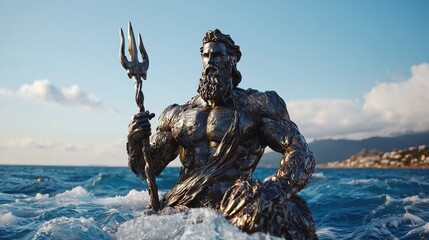 Fototapeta premium Poseidon surfing the digital waves in a cybernetic suit ocean view