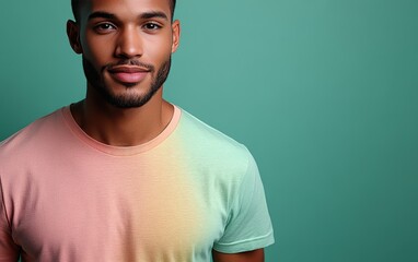 Fototapeta premium man with casual t-shirt is smiling at the camera, solid color background